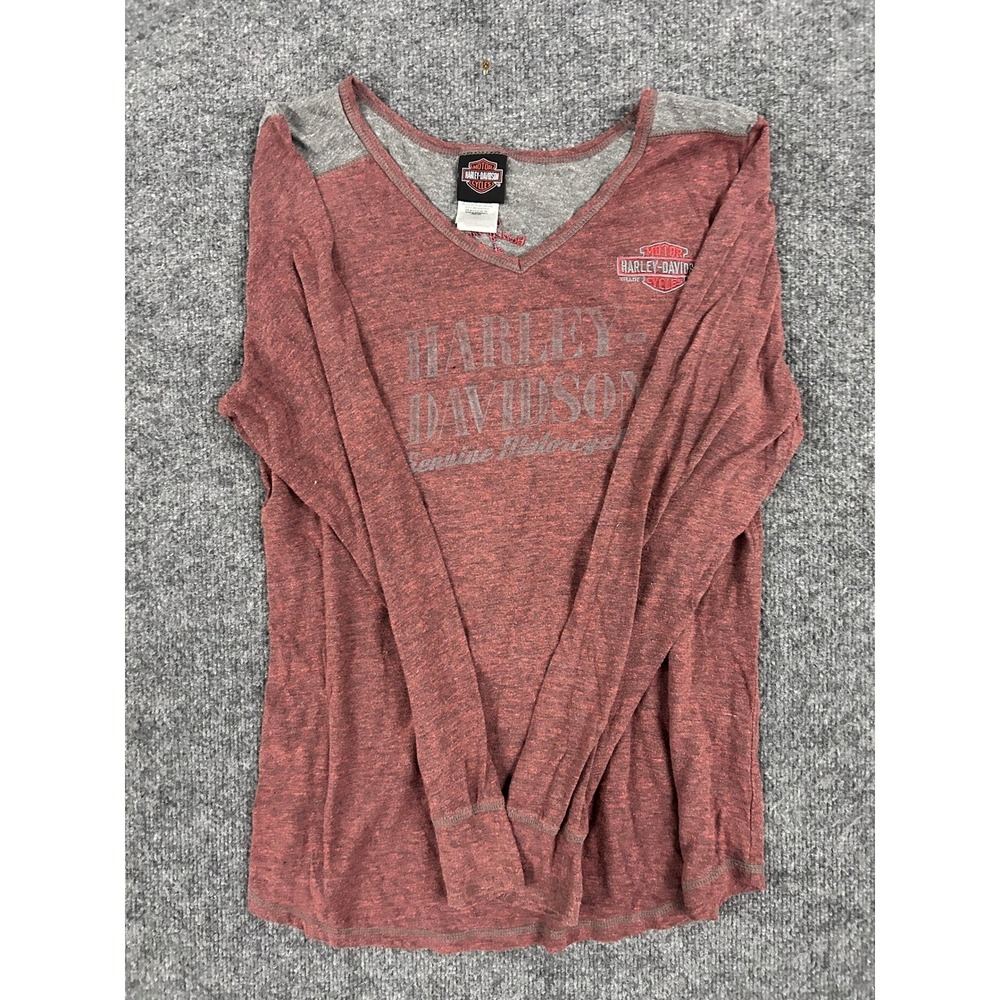 Harley-Davidson Shirt Womens XXL Red Grey Viscose Blend V-Neck Long Sleeve Biker